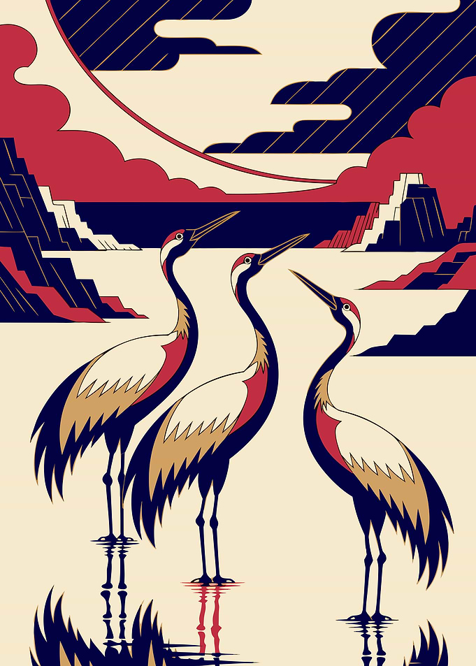 Japanese Cranes Ukiyo-e Metal Poster, No Text