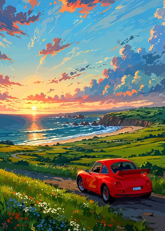 Red Sports Car at Sunset