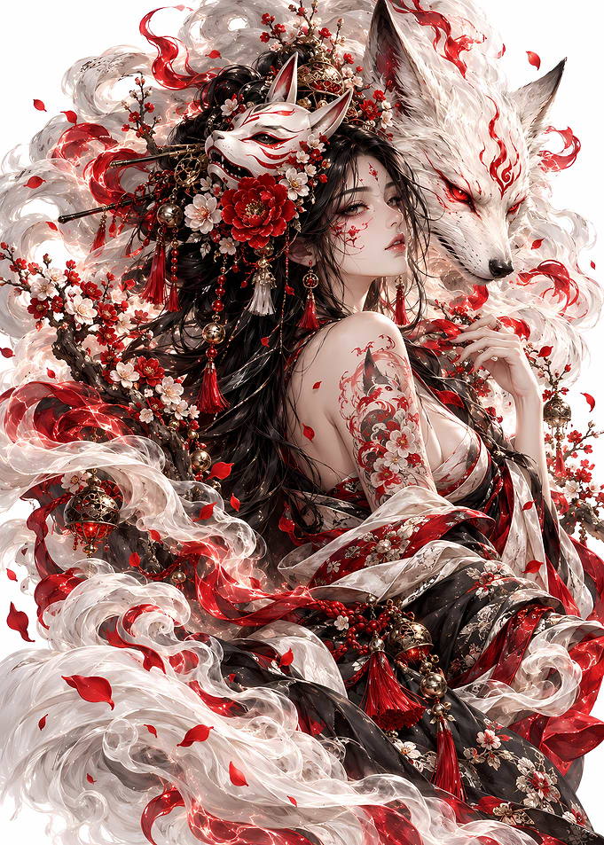 Kitsune Spirit Maiden with Fox Guardian