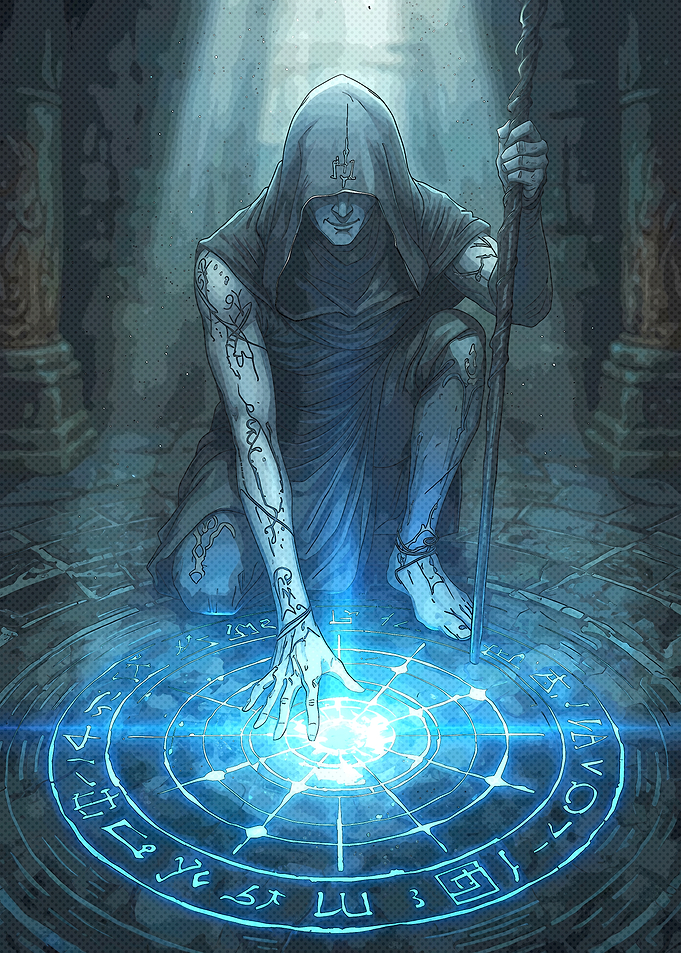 Hooded Mage Casting Magic Circle