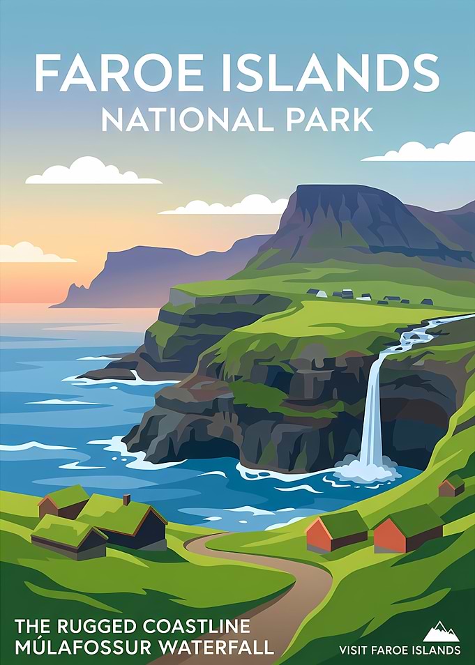 Faroe Islands Múlafossur Waterfall Travel Poster
