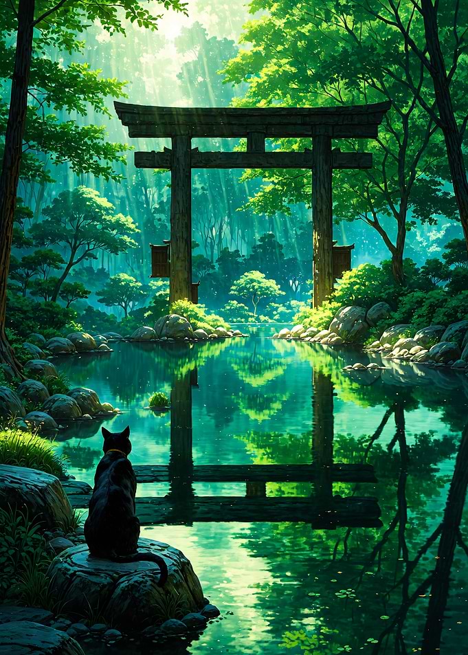 Black Cat at Torii Gate Anime Background Japan