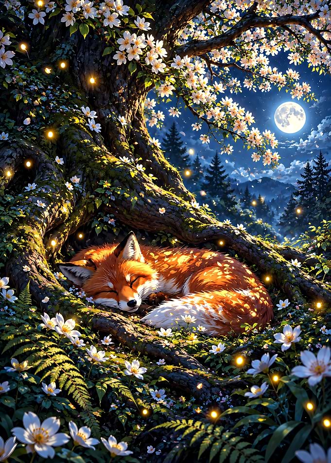 Sleeping Fox Under Flowering Tree