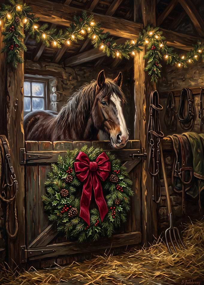 Christmas Horse in Decorated Stable