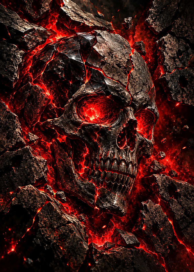 Fiery Cracked Stone Skull