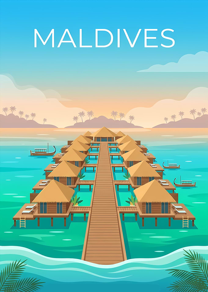 Maldives Tropical Overwater Bungalows Travel Poster