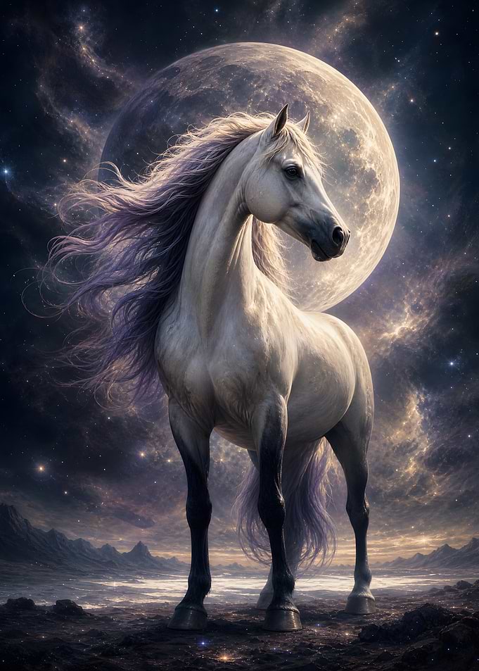 Majestic White Horse Under Cosmic Moon