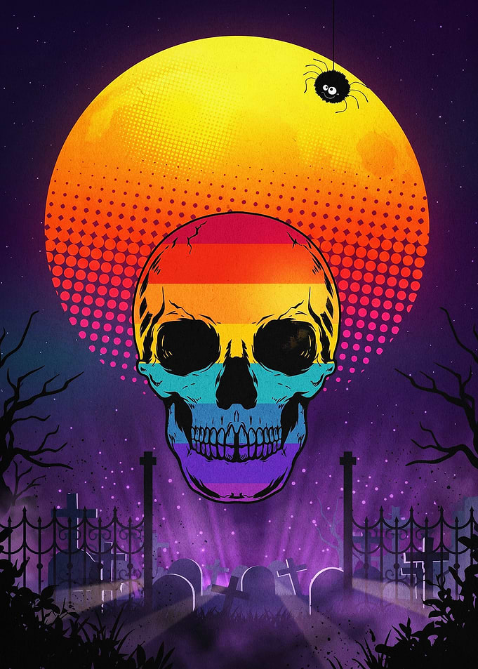 Rainbow Skull Cemetery Retro Art