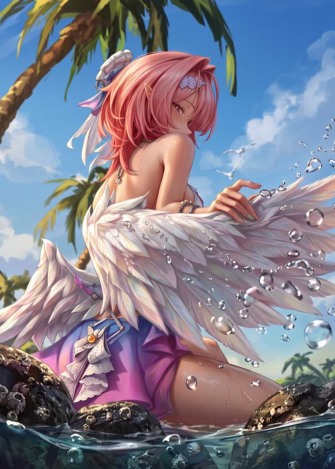 Anime Angel Girl at Tropical Beach