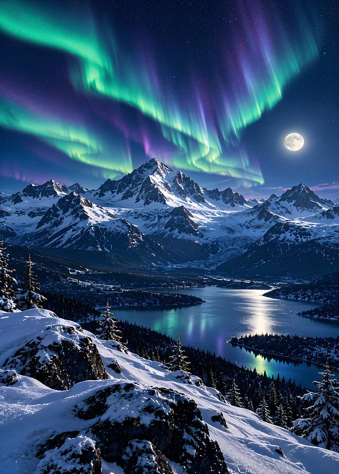 Aurora Borealis Over Snowy Mountain Lake