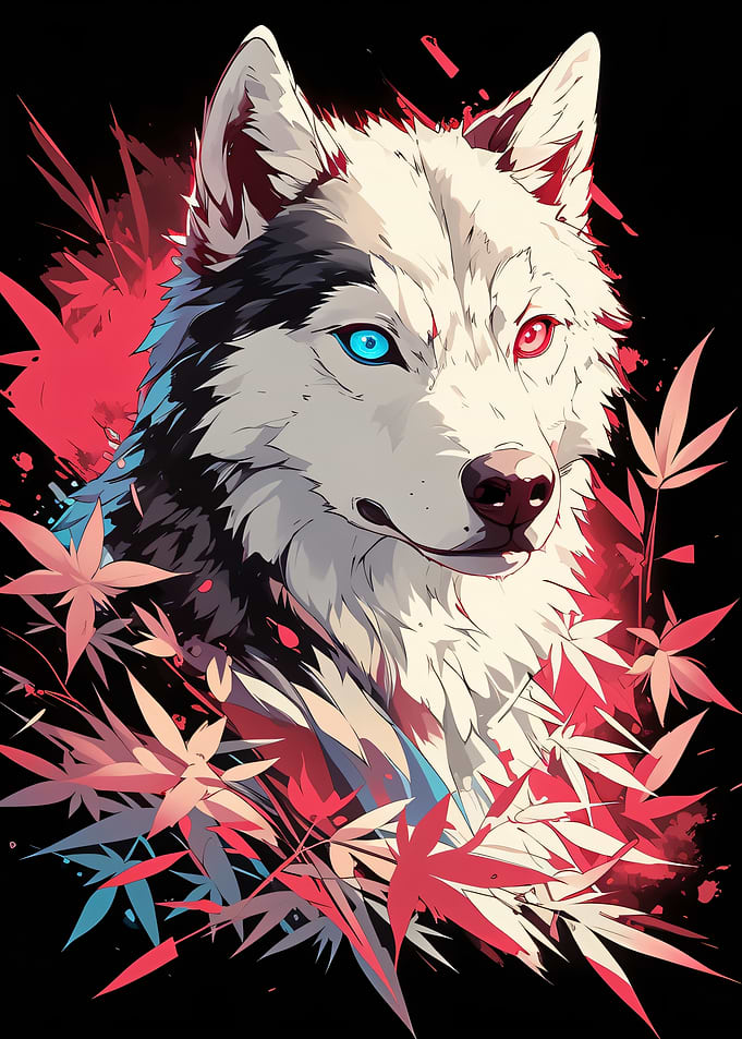 Heterochromatic Wolf with Maple Leaves