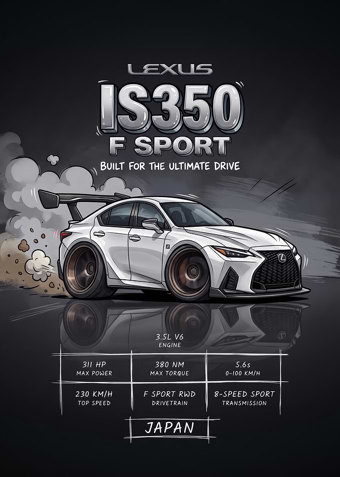 A stylized digital illustration caricature white IS350 F Sport Car Poster