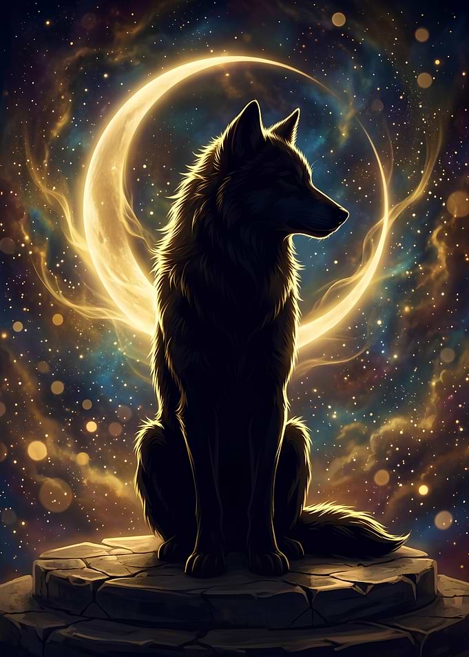 Majestic Wolf Under Golden Crescent Moon