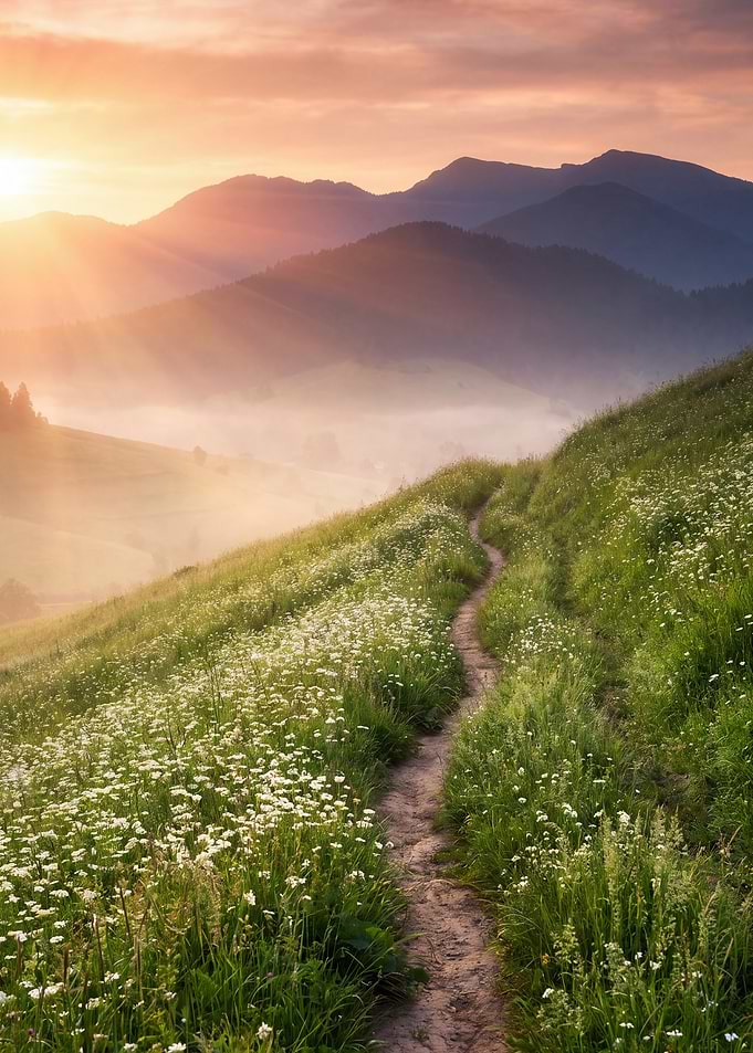 Sunrise over a wildflower mountain path