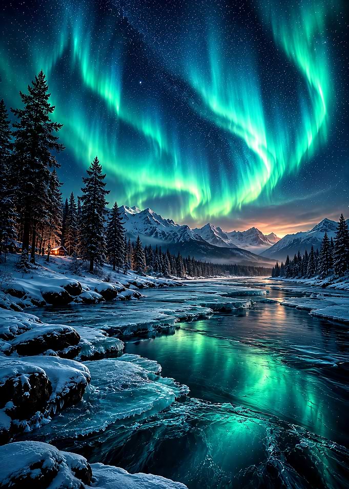 Aurora Borealis Over Snowy Mountain River