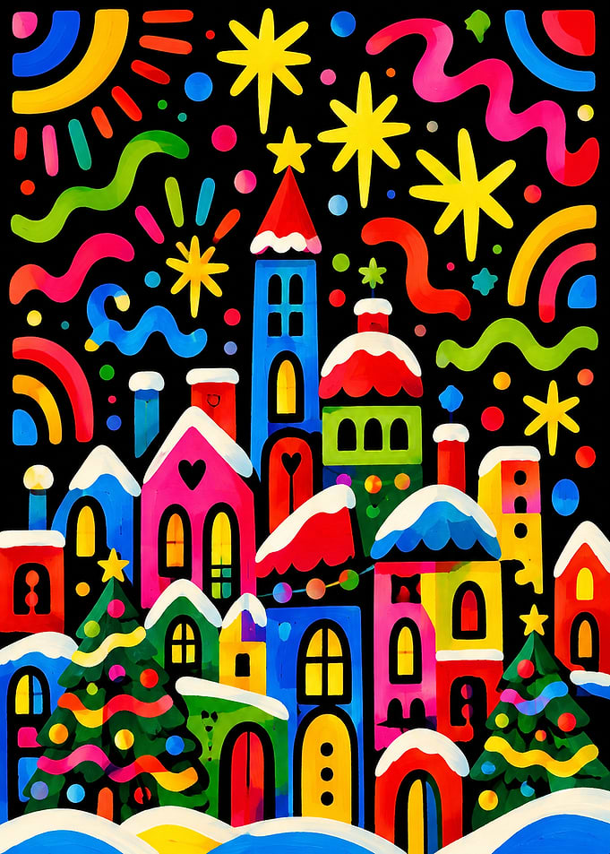 Colorful Whimsical Winter Village Illustration