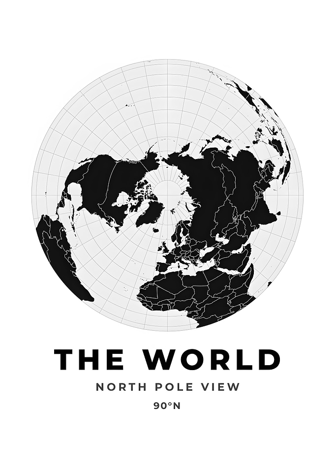 North Pole View Globe Black And White World Map Print