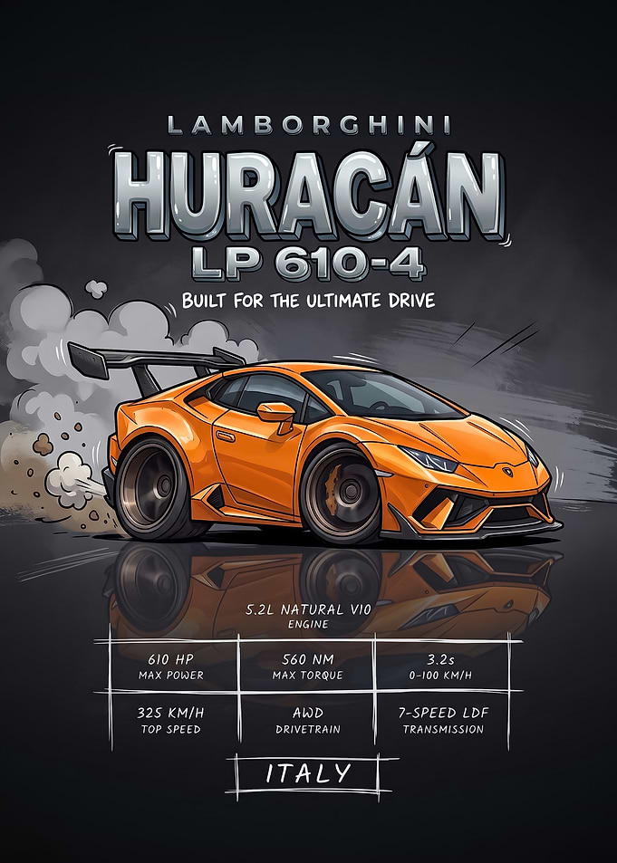A stylized digital illustration caricature Huracan Car Poster