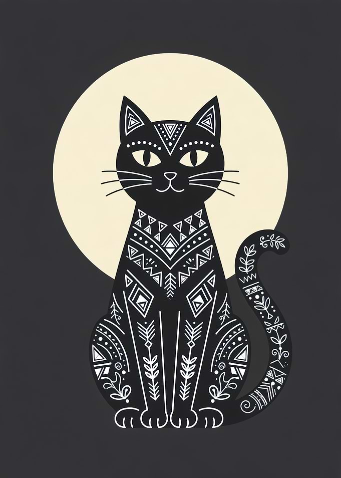 Boho Tribal Cat - Charcoal Minimalist Cat with Cream Moon