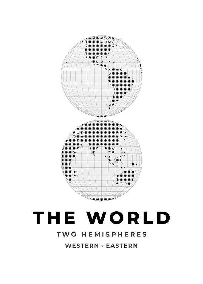 Dotted Two Hemispheres Black And White World Map Print