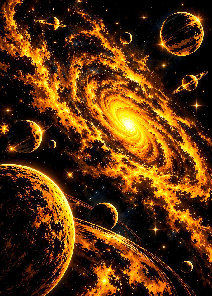 Fiery Golden Galaxy and Planets