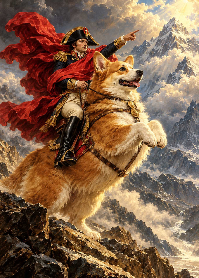 Napoleon Bonaparte Riding a Giant Corgi