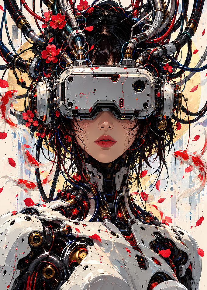 Cybernetic Anime Girl with Koi Fish