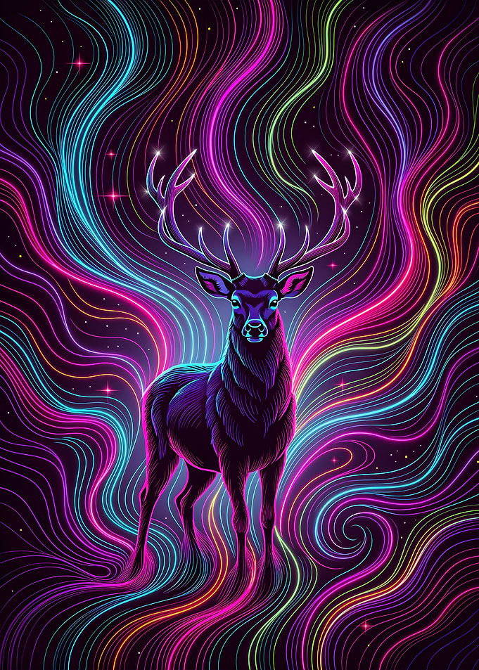Wild Cosmic Glow – Abstract Neon Deer Illustration Poster