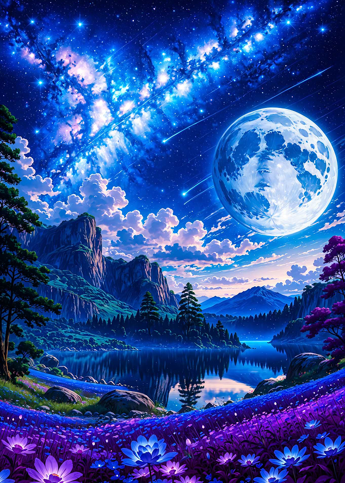 Ethereal Night Landscape with Glowing Flowers