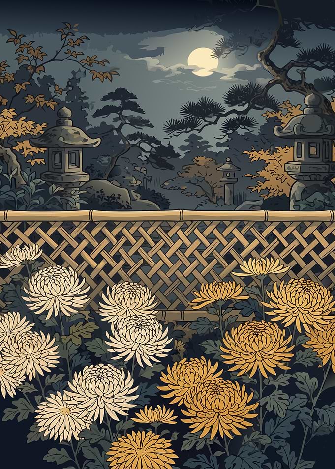 Japanese Garden with Chrysanthemums at Night