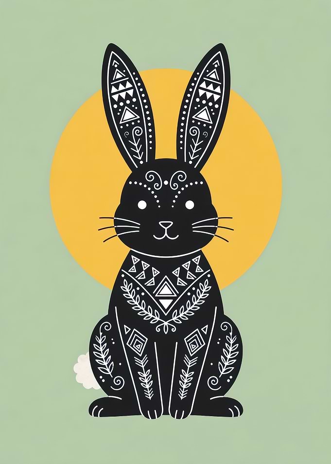 Boho Tribal Rabbit - Sage Green Minimalist Bunny with Mustard Sun