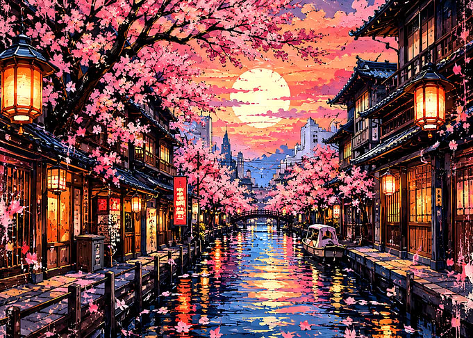 Cherry Blossom Canal at Sunset