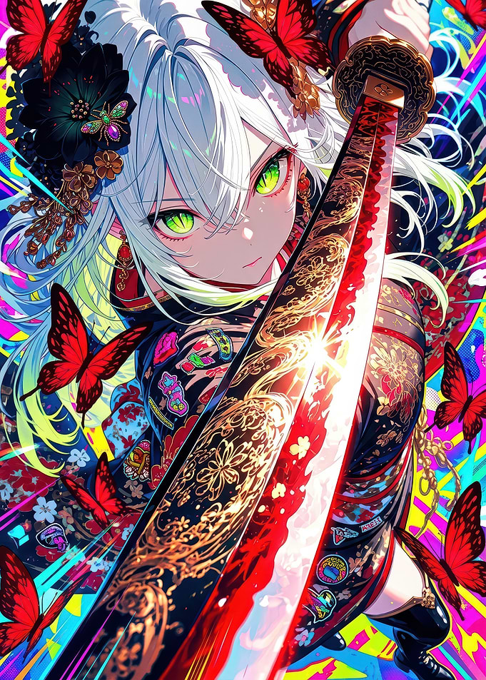 Girl with Katana and Butterflies illustration