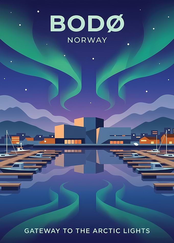 Bodø Norway Northern Lights Travel Poster