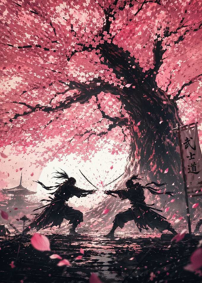 Samurai Duel Cherry Blossom Art