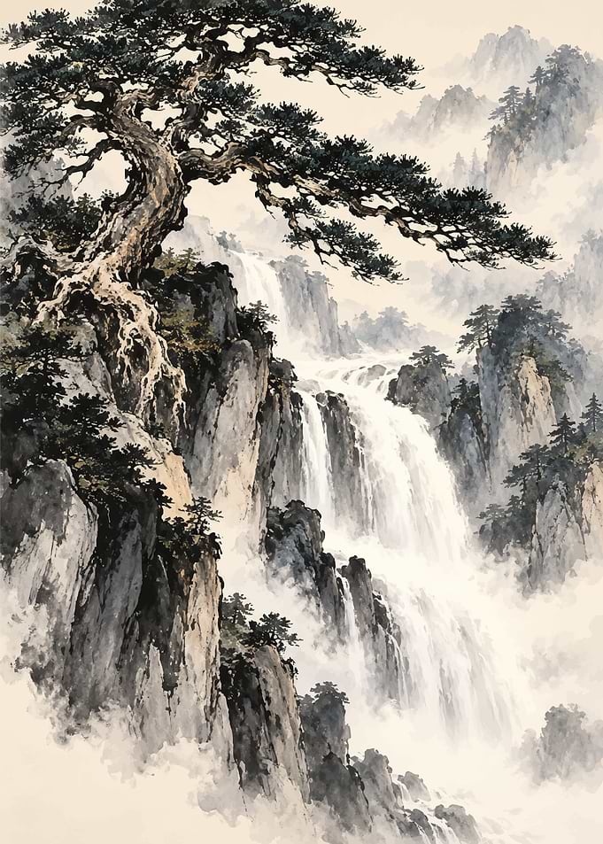 Traditional Chinese Ink Wash Waterfall Landscape