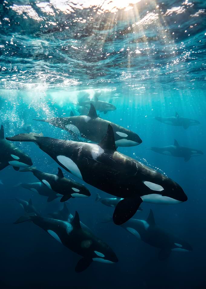 Pod of Orcas Swimming Underwater
