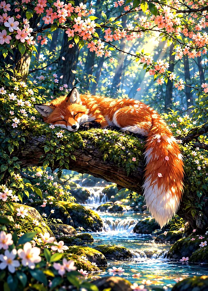 Sleeping Fox on Mossy Branch