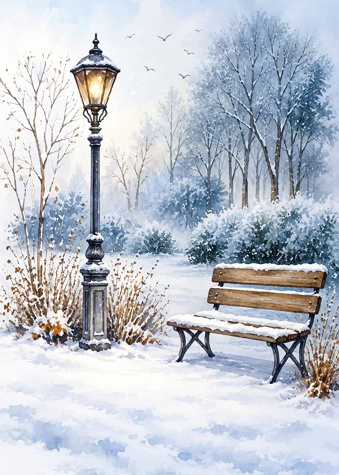 Snowy Park Bench and Lamp Post