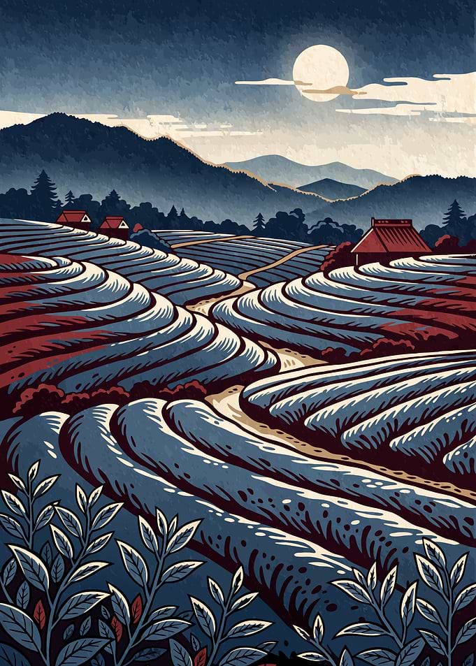 Moonlit Tea Fields – Serenity in the Japanese Highlands