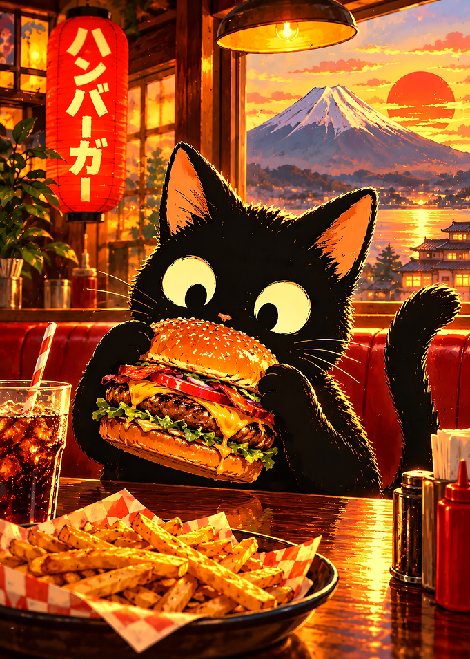 Black Cat Eating Burger at Sunset