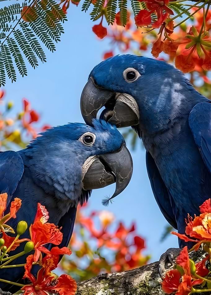 Two Hyacinth Macaws in Flowering Tree