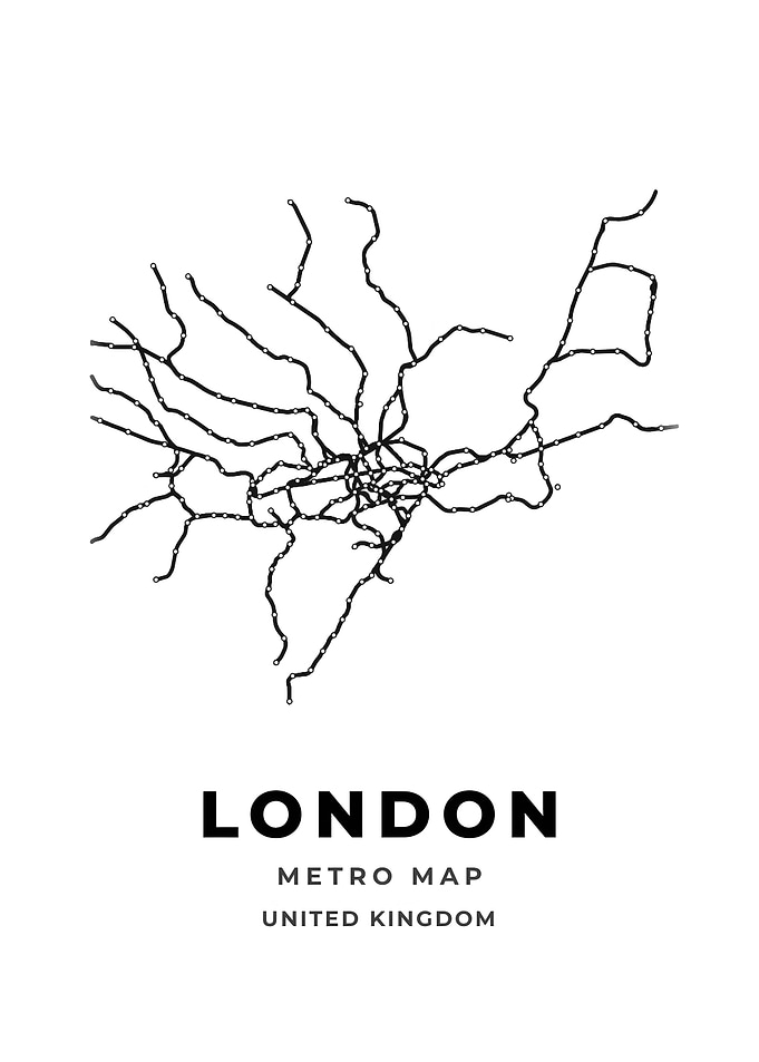 London Black And White Metro Map Print