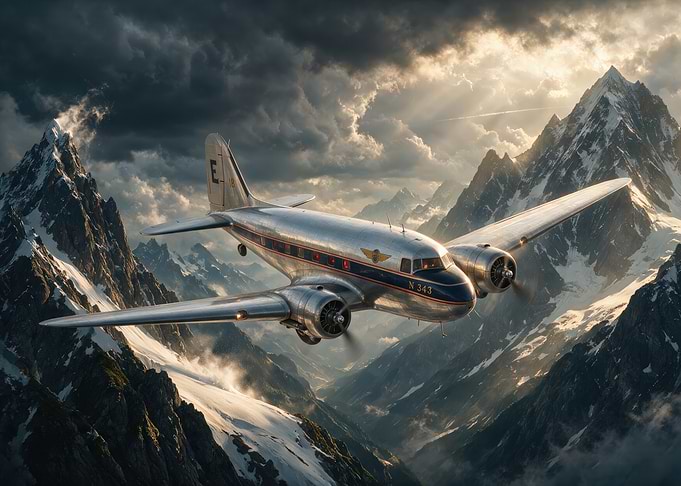 Vintage Propeller Plane Over Snowy Mountains