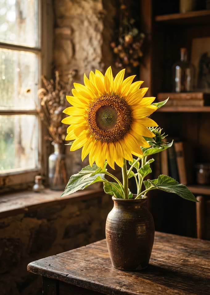 Sunflower in Rustic Ceramic Vase