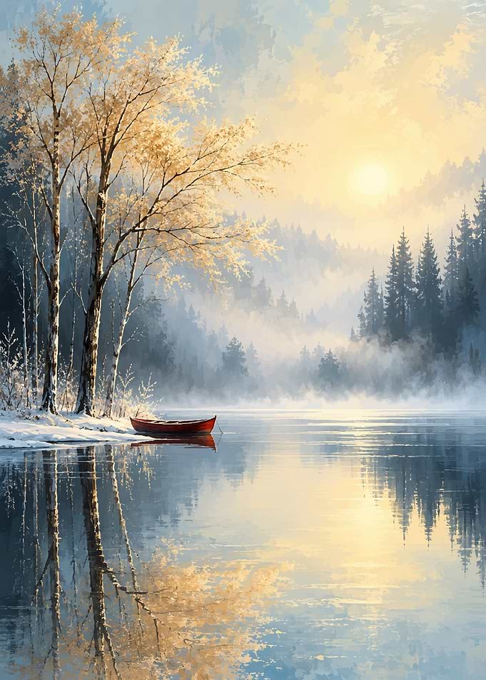 Red Boat on Misty Winter Lake
