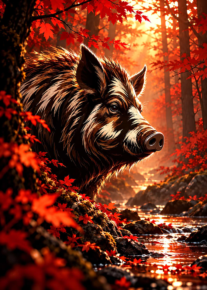 Wild Boar in Autumn Forest
