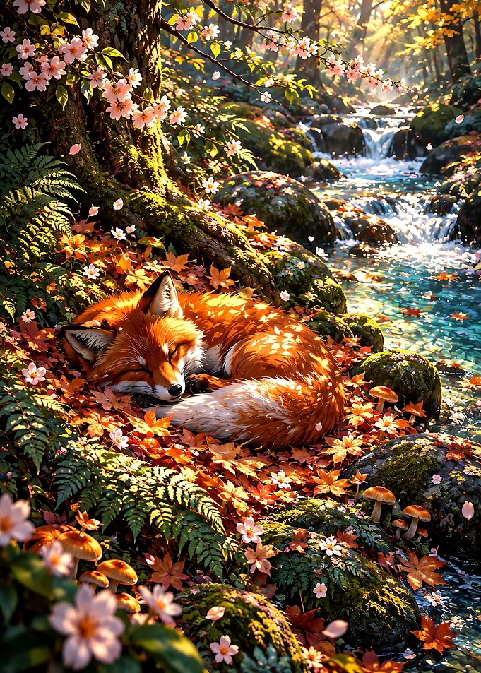 Sleeping Fox in Autumn Forest