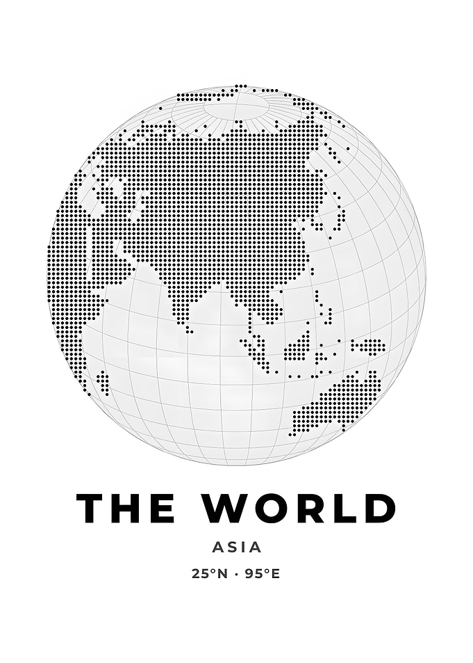 Dotted Asia Globe Black And White World Map Print