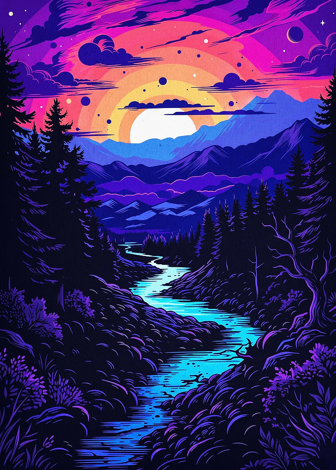 Neon Forest River Retro Landscape